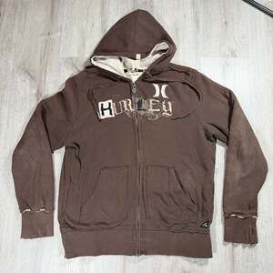Vintage Hurley Y2K Brown Waffle Knit Sherpa-Lined Full Zip Hoodie Large Skater